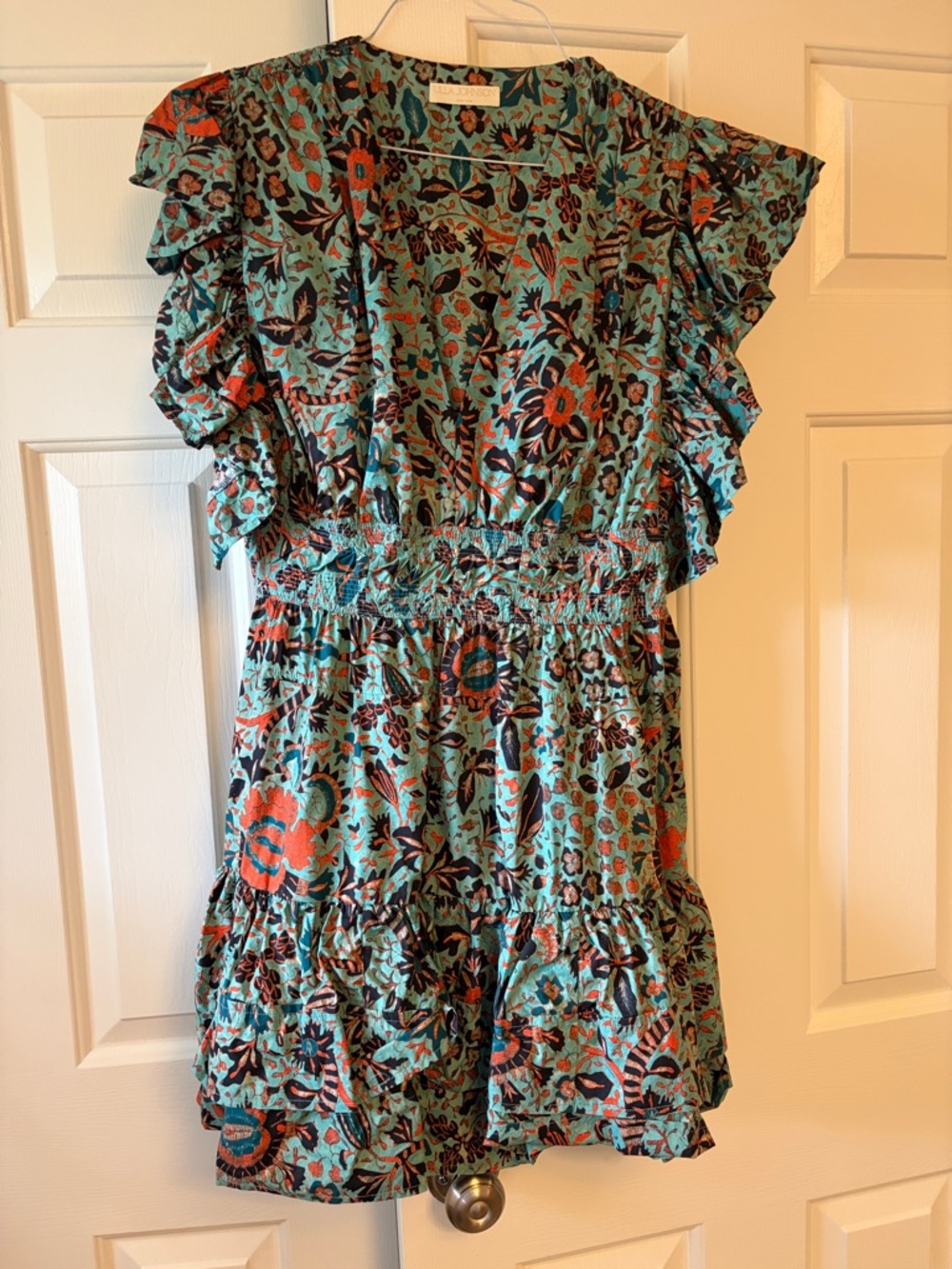 Ulla Johnson Teal Floral Ruffle Mini Dress with Orange and Navy Motif